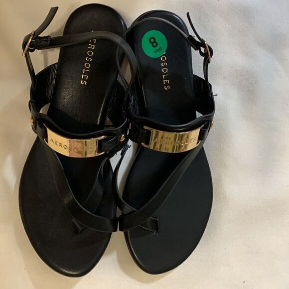 Aerosoles black dressy sandals with hole buckle.  Very classy! - Picture 2 of 8